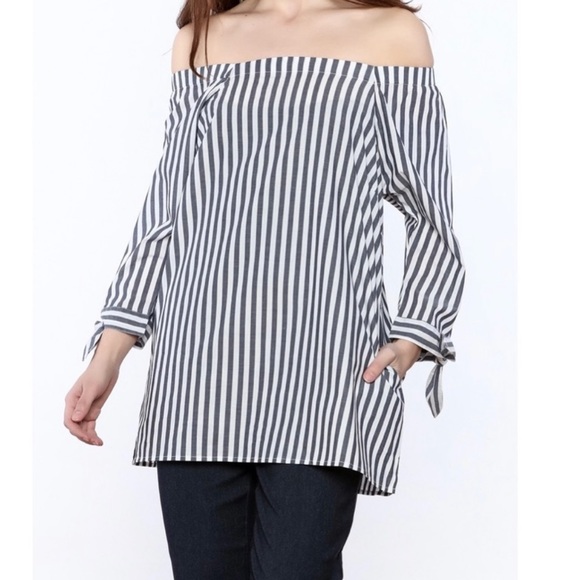 INAE Tops - INAE Denim Blue & White Striped Off The Shoulder Tunic Top with Pockets Small